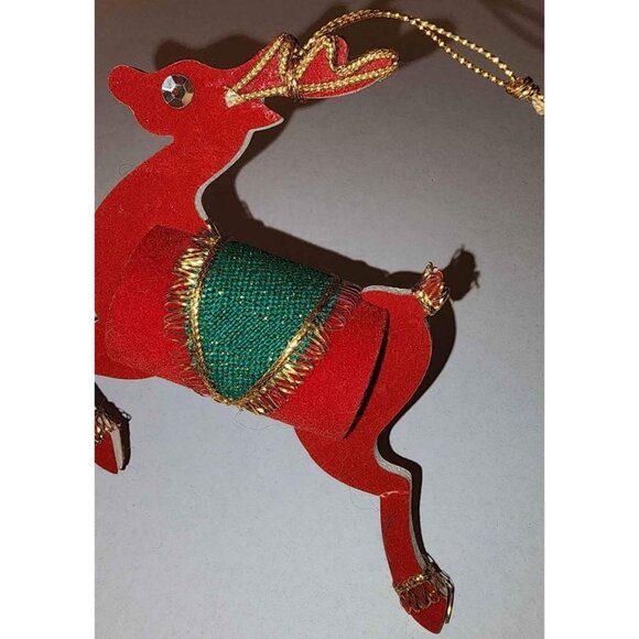 Vintage Red Reindeer Christmas Ornament With Gold Accents & Green Saddle AX - Picture 4 of 9